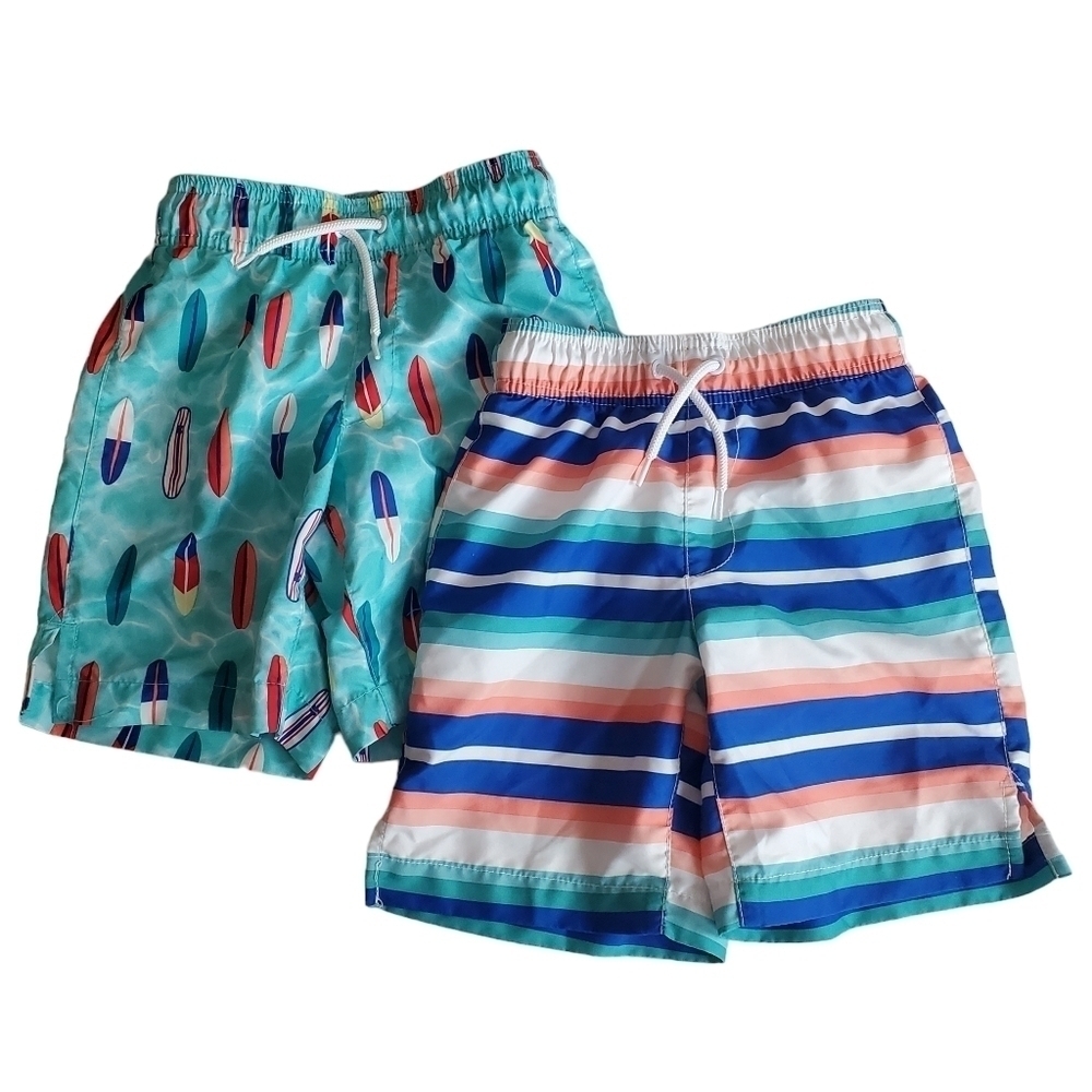 PLACE Sport Swim Trunks Lot of 2‎ Boys Small 5/6 Beach Surfboard Stripes Blue